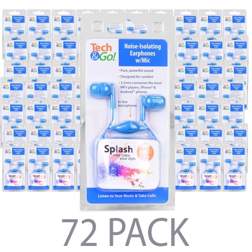 (72-Pack) Tech & Go Splash Noise-Isolating Earphones w/Inline Mic & 3 Sets of Ear Tips (Blue)