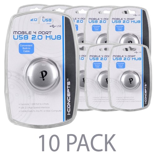 (10-Pack) i-Concepts Mobile 4-Port USB 2.0 Hub (Silver)