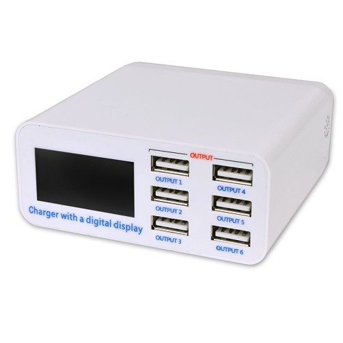6-Port 6 Amp USB Fast Charging Power Adapter w/1.5" LCD Display (White)