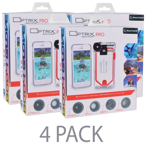 (4-Pack) Optrix by Body Glove CRC94678 Pro 4 Lens Action Camera Kit for iPhone 5/5s/SE w/Waterproof Case & Lens