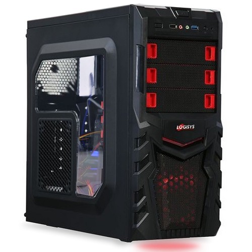 Logisys CS380BK 9-Bay Mid Tower Window Gaming Case w/480W 20+4-pin PSU & 120mm Red LED Fan (Black/Red)