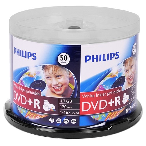 Philips 16x 4.7GB 120-Minute DVD+R Media White Inkjet Printable Media 50-Piece Spindle