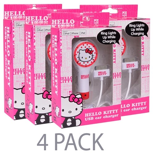 (4-Pack) Hello Kitty USB (2.1 Amp) Car Charger for iPad/iPhone/iPod w/USB to 30-Pin Dock Connector Cable