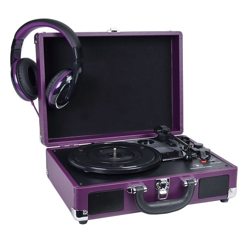 Innovative Technology ITVS-550BBT-PP 3-Speed Vintage Bluetooth Suitcase Turntable w/Bonus Headphones (Purple)