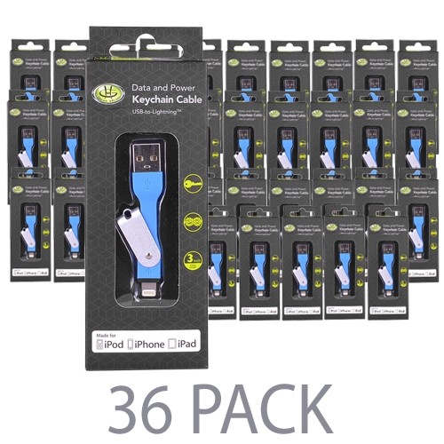 (36-Pack) 3" GearHead LC4000BLU USB to MFI Lightning Data & Power Keychain Cable for iPhone 7/6/5