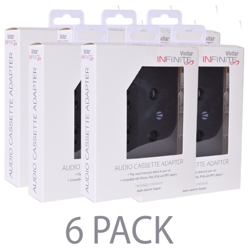 (6-Pack) Vivitar Infinite Audio Cassette Adapter - Play Any Device w/3.5mm Jack On Your Cassette Player! (Black)