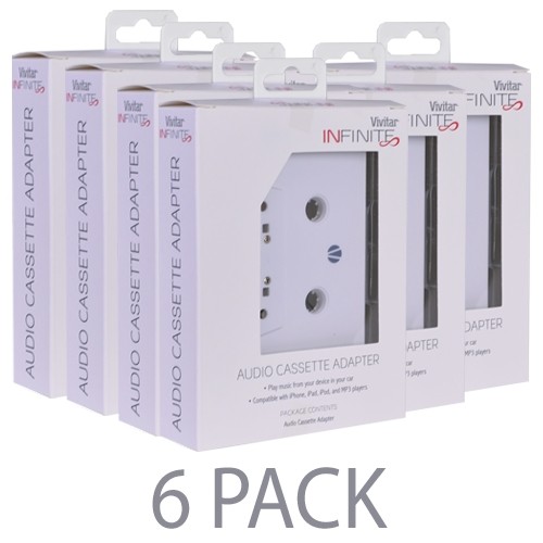 (6-Pack) Vivitar Infinite Audio Cassette Adapter - Play Any Device w/3.5mm Jack On Your Cassette Player! (White)