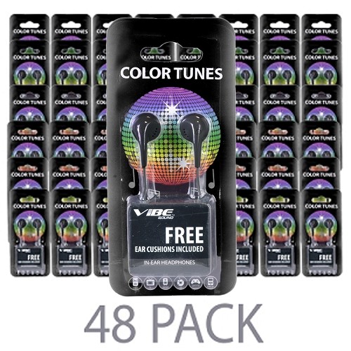 (48-Pack) Vibe Color Tunes VS-120-BLK In-Ear Stereo Headphones (Black) - Retail Hanging Package