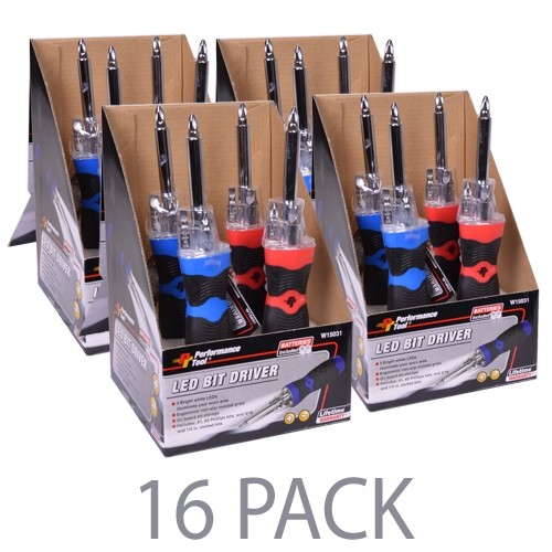 (16 Pack) Performance Tools LED Screwdriver with Interchangable Tips in Point of Sale Boxes (Assorted Colors) W15031
