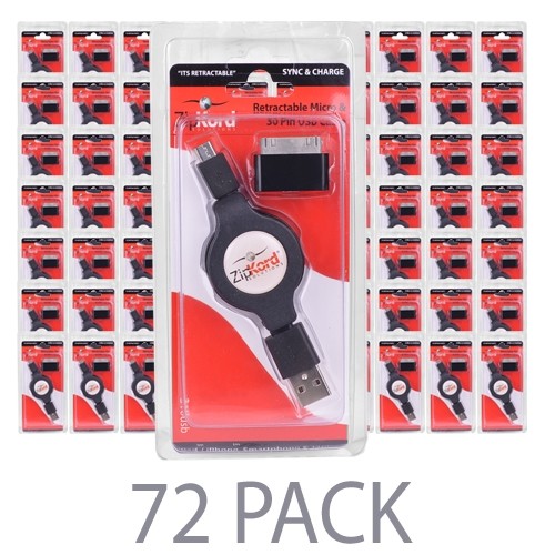 (72-Pack) ZipKord 310USB Retractable USB (M) to USB Micro (M) Charge & Sync Cable w/30-Pin Dock Connector Adapter