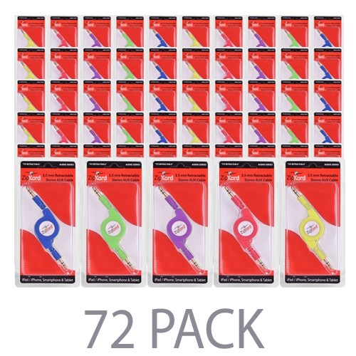 (72-Pack) ZipKord 3503535 Retractable 3.5mm Stereo (M) to 3.5mm (M) Stereo Aux Cable (Assorted Colors)