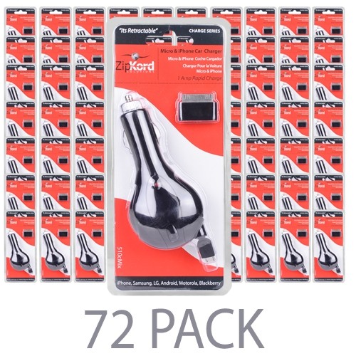 (72-Pack) ZipKord 510CMIX Retractable Micro USB Car Charger w/30-Pin Dock Connector Adapter