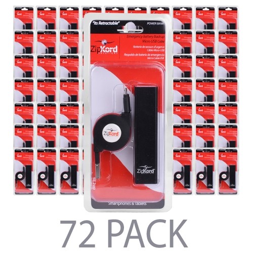 (72-Pack) ZipKord 622UP 2200mAh Power Bank w/Retractable Micro USB Cable (Black)
