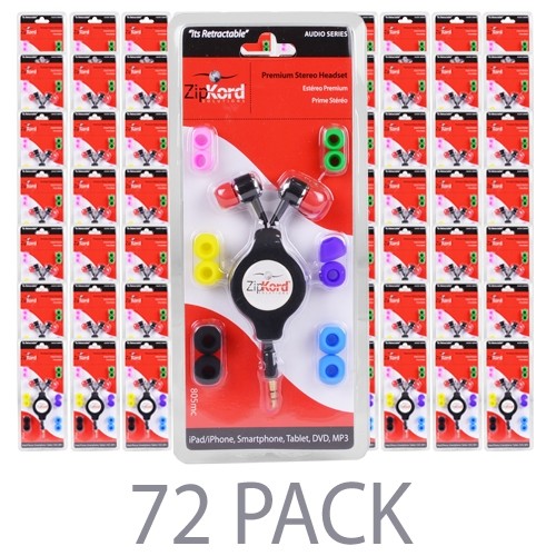 (72-Pack) ZipKord 805MC Retractable In-Ear Stereo Headset w/3.5mm Plug (Black)