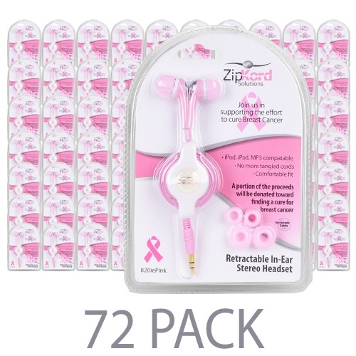 (72-Pack) ZipKord 820iePink Retractable In-Ear Stereo Headset w/3.5mm Plug (Pink)
