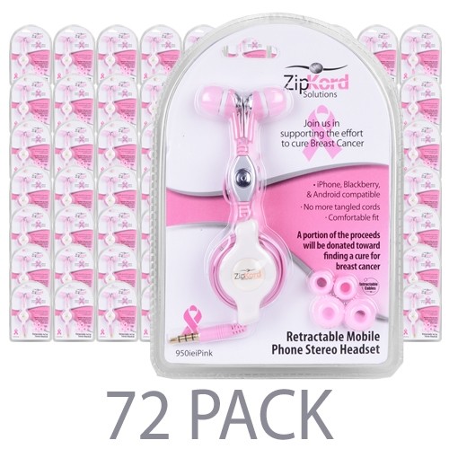 (72-Pack) ZipKord 950ieiPink Retractable Mobile Phone In-Ear Stereo Headset w/Inline Microphone & 3.5mm Plug (Pink)
