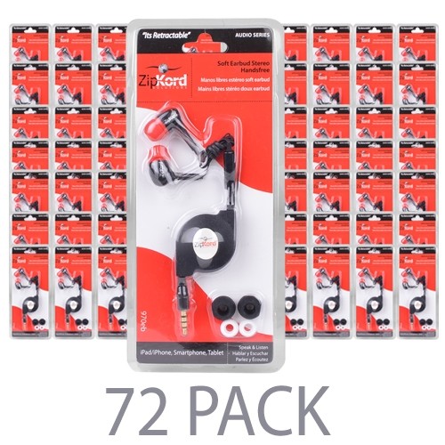 (72-Pack) ZipKord 970eb Retractable Earbud Stereo Headset w/Inline Microphone & 3.5mm Plug (Black)