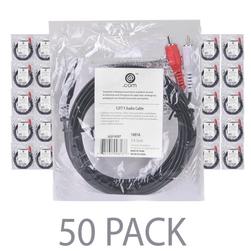(50-Pack) 12' @.com DCD14207 3.5mm (M) to Dual RCA (M) Stereo Audio Cable (Black)