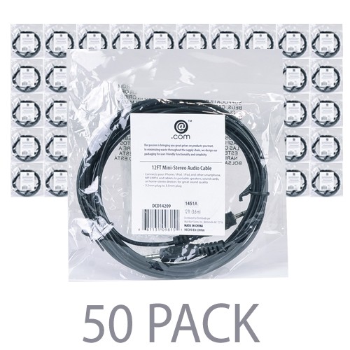 (50-Pack) 12' @.com DCD14209 3.5mm Stereo (M) to 3.5mm Stereo (M) Audio Cable (Black) - Perfect for MP3 Players & More!