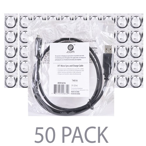 (50-Pack) 3' @.com DCD14216 USB 2.0 A (M) to USB 2.0 Micro-B (M) Charge & Sync Cable (Black)