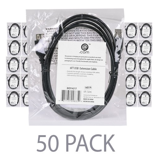 (50-Pack) 6' @.com DCD14217 USB 2.0 A (M) to USB 2.0 A (F) Extension Cable (Black)