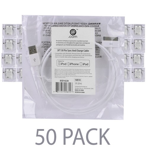 (50-Pack) 3' @.com DCD14228 30-Pin Dock Connector Charge & Sync Cable for iPhone