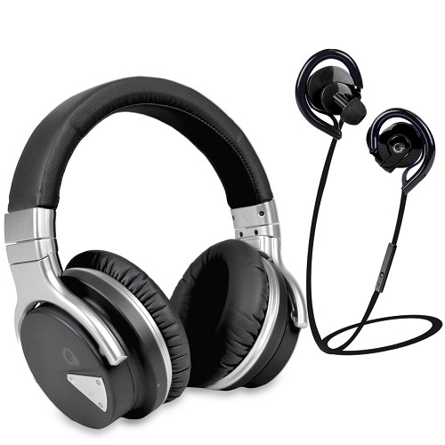 Que Design E228184-BLK Rechargeable Bluetooth Wireless Headphone & Wireless Earbuds w/Microphone & 3x Eartips (Black)