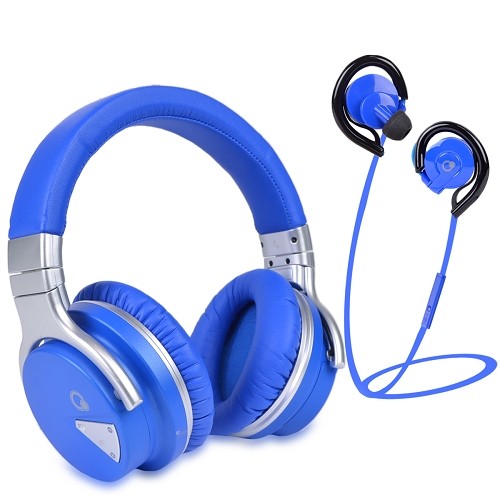 Que Design E228184-BLU Rechargeable Bluetooth Wireless Headphone & Wireless Earbuds w/Microphone & 3x Eartips (Blue)