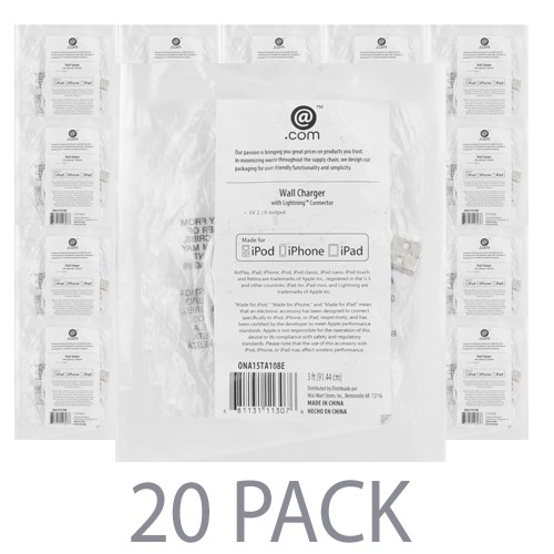 (20-Pack) @.com ONA15TA108E 2.1A Single Port USB Wall Charger w/3' Lightning to USB Charge/Sync Cable (White)