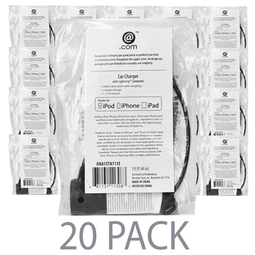 (20-Pack) @.com ONA15TA113E 2.1A Car Charger with attached 3' Lightning Cable (Black)