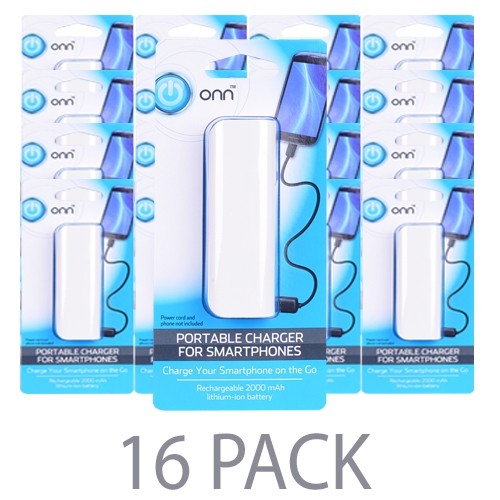 (16-Pack) Onn ONB14WI202 Portable Battery PRO 2000mAh Power Bank w/Micro USB Cable (Blue/White)