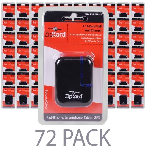 (72-Pack) ZipKord  PowerAC2A2 2.1A (10.5W) Dual Port USB Wall Charger - Charge Two USB Devices at Once!