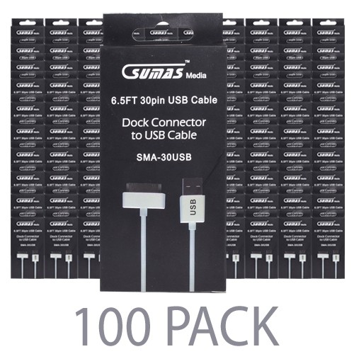 (100-Pack) 6' Sumas Media SMA-30USB USB 2.0 to 30-Pin Dock Connector Charge & Sync Cable for iPad