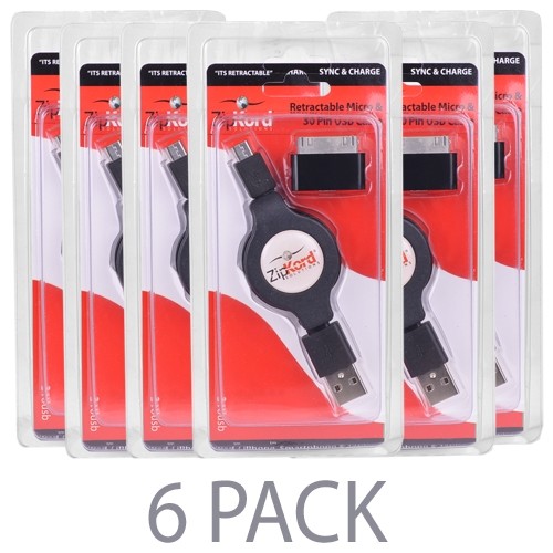 (6-Pack) ZipKord 310USB Retractable USB (M) to USB Micro (M) Charge & Sync Cable w/30-Pin Dock Connector Adapter