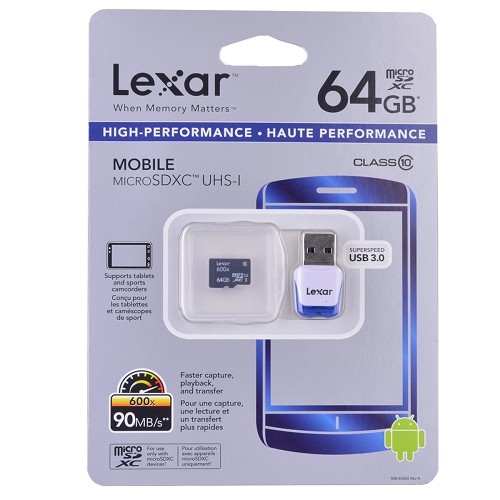 Lexar 64GB High-Performance Class 10 600x microSDXC UHS-I Memory Card w/SuperSpeed USB 3.0 microReader - Retail Package