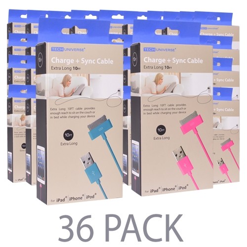 (36-Pack) 10' Tech Universe TU9010 USB 2.0 to 30-Pin Dock Connector Charge & Sync Cable for iPad/iPhone/iPod (Blue/Pink)