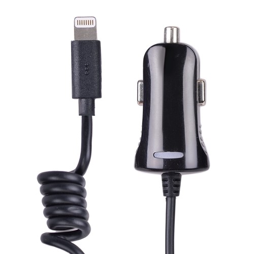 4' Tech & Go 2.1A (10.5W) Connected Car Charger w/MFI Lightning Flexicord Cable for iPhone