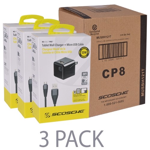 (3-Pack) Scosche reVOLT Pro 2.4A 12W Single Port USB Wall Charger + Micro USB Cable for Tablets